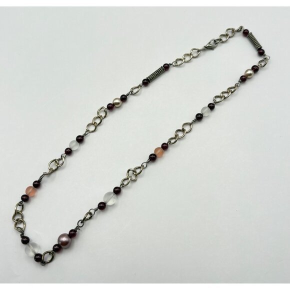 Silver Tone Beaded Chain Necklace Purple Pink Accents Boho - Picture 4 of 7